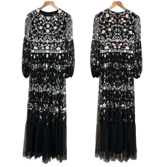 Mac Duggal NWT Floral Embellished Embroidered Gown Blouson Sleeves Size 6 Black